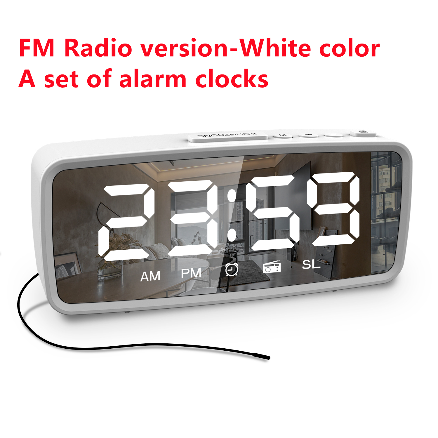 FM Radio LED Digital Smart Alarm Clock Watch Table Electronic Mirror Desktop Clocks 3 Levels Dimmer with Timer Snooze: Radio White