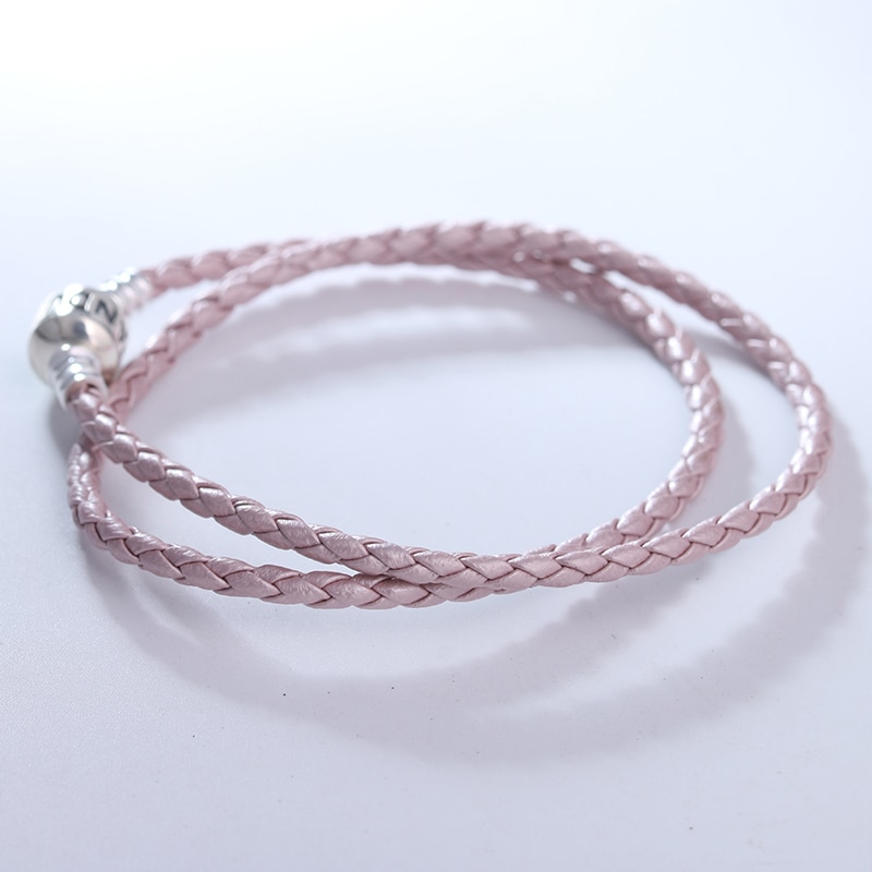 Pulsera de cuero rosa perla con cierre de plata compatible con abalorios y cuentas de plata esterlina originales para mujer, fabricación de joyas DIY