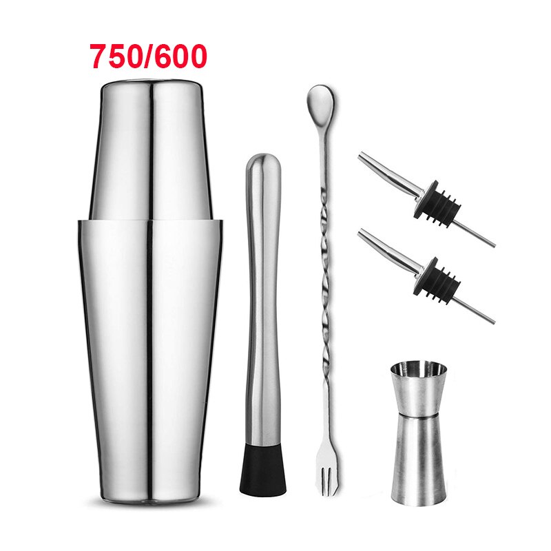 Stainless Steel Cocktail Set 550ml/750ml Cocktail Shaker Set with Muddler Jigger Bar Spoon Ice Tong Bartender Kit Bar Set: Boston 6pcs 750x600