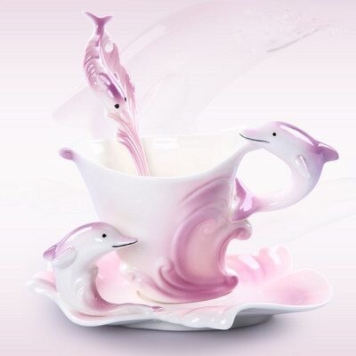 Dolfijn Cup Met Schotel Lepel Set 3D Creatieve Keramiek Koffie Thee Mokken Ontbijt Water Kerst Brithaday: Pink