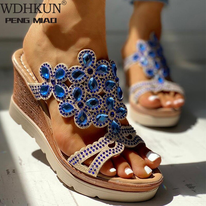 directe Talons Hauts Compensés Sandale Plate-Forme De Loisirs Strass D'été Sans Lacet Mules Pantoufles femmes Chaussures Femme