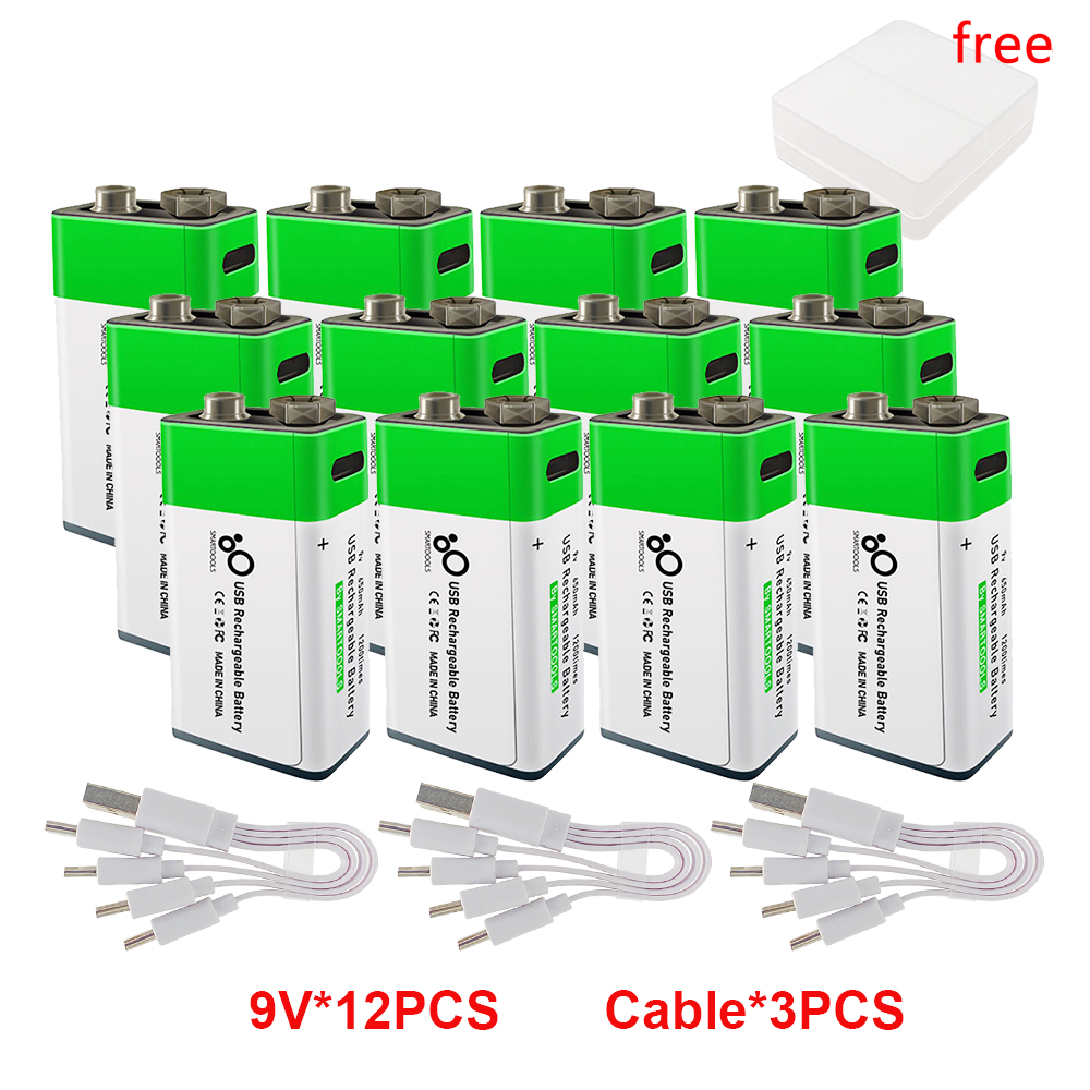 2-20pz 9V Batteria ricaricabile agli ioni di litio Ricarica USB 6F22 Batteria quadrata agli ioni di litio per metallo rivelatore KTV Microfono Giocattolo Multimetro: giallo