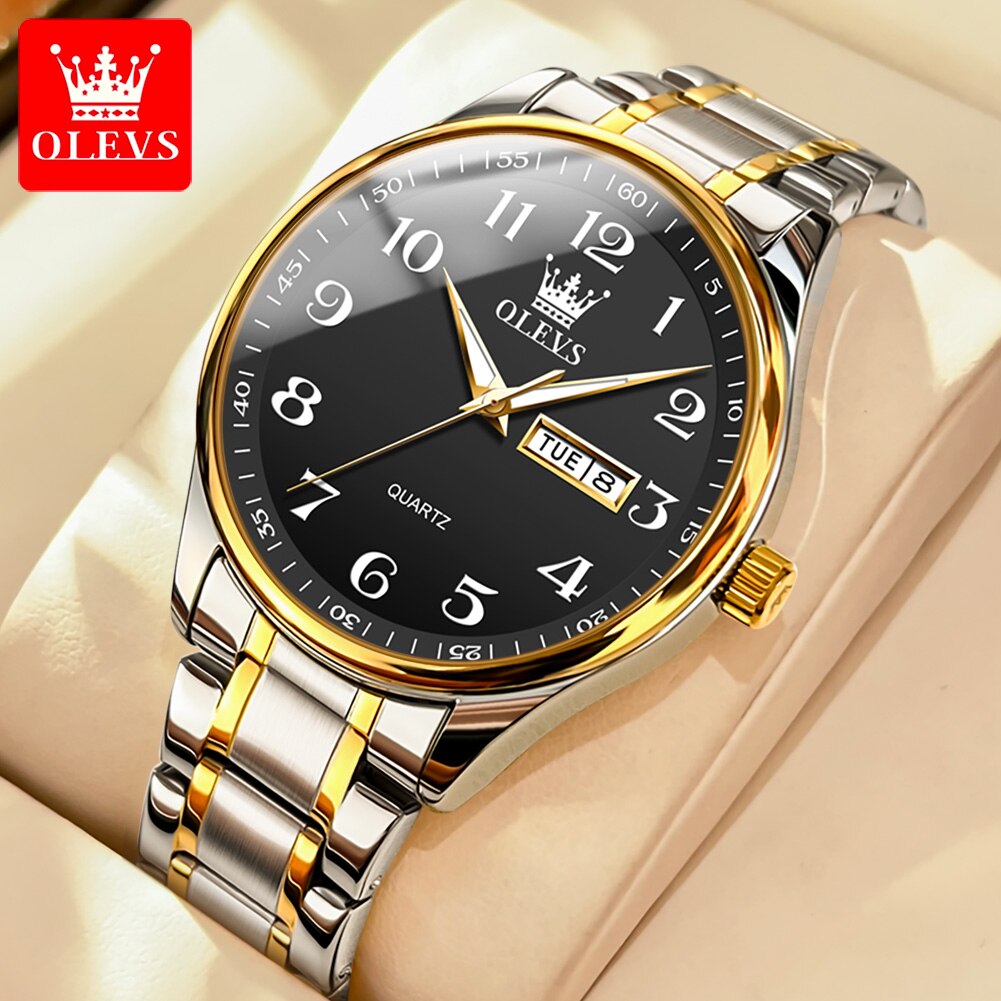 OLEVS-reloj de cuarzo clásico para hombre, cronógrafo de pulsera, esfera Digital, indicador de fecha y semana, luminoso, resistente al agua, dorado
