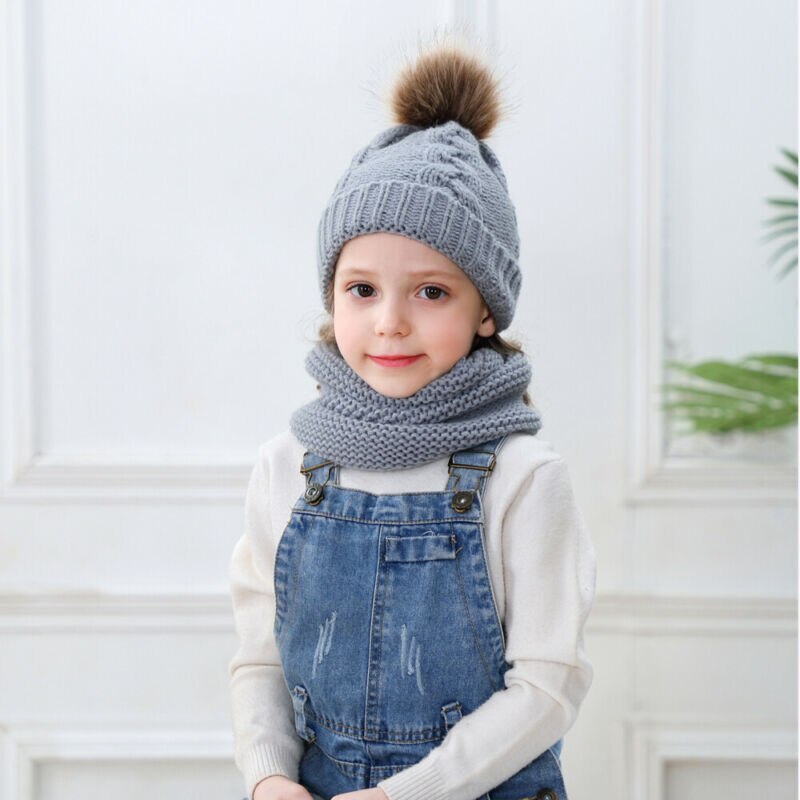 2 sztuk kapelusz dla dzieci + szalik pierścień chłopcy dziewczyny drutach szalik wełniany i futro Pom kapelusz nakrycia głowy akcesoria zimowe zestawy 0-3lat