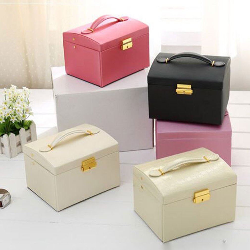 PU Leather Jewelry Storage Box Three Layer Double Drawer Makeup Organizer Dust Proof Jewelry Storage Box
