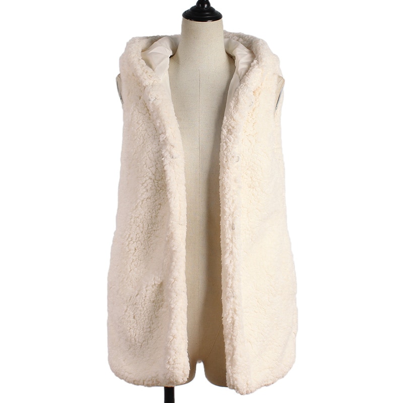 Kvinders beige hvid imiteret pels hættevest efterår vinter afslappet ærmeløse lommer overtøj dame varm fluffy vest