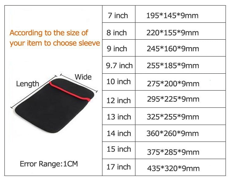 Tablet Sleeve 7 / 8 / 9 / 9.7 /10 /12 /13 /14 /15 inch Neoprene Pouch Bag Protective Case for Tablets PC Notebook Computer Bag