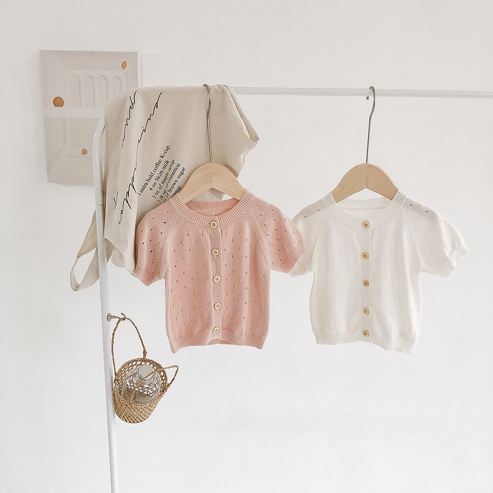 Zomer Pasgeboren Baby Vest Baby Meisje Zoete Prinses Effen Kleur Korte Mouwen Gebreide Holle Dunne Vest