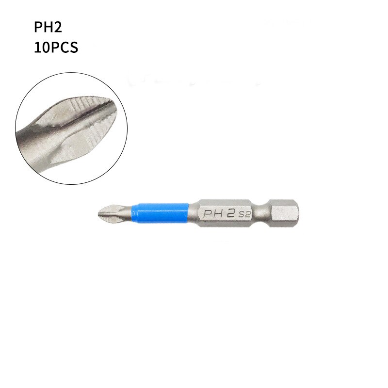 10/12 pièces PH1 PH2 PH3 PZ1 PZ2 PZ3 jeu d'embouts de tournevis magnétique 1/4 "tige hexagonale anti-dérapant Phillips accessoires pour outils électriques: 10pcs PH2 50mm