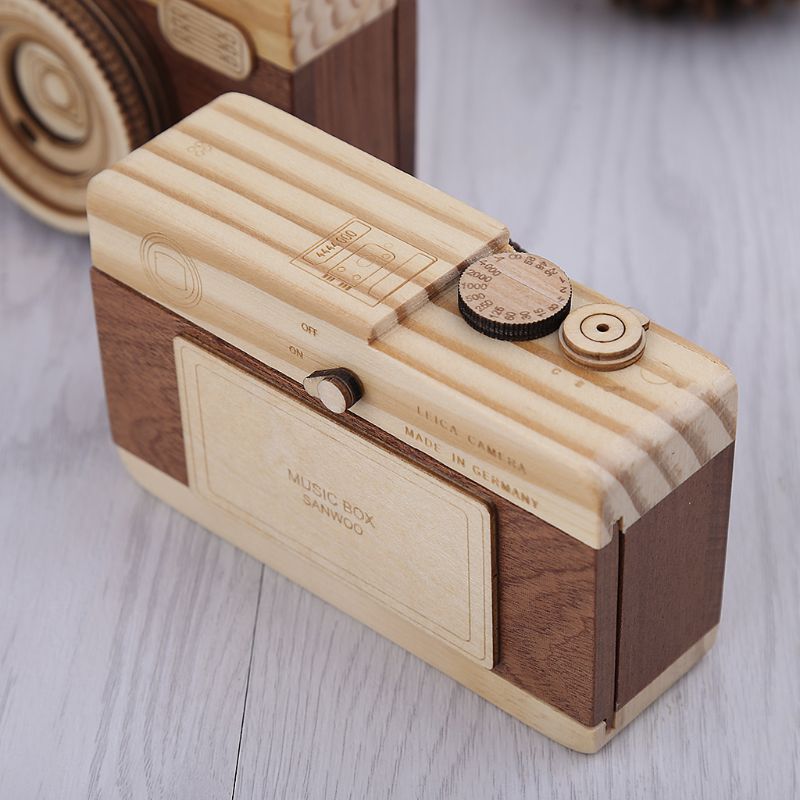 Wooden Music Box Retro Camera Classical Melody Birthday Home Decoration