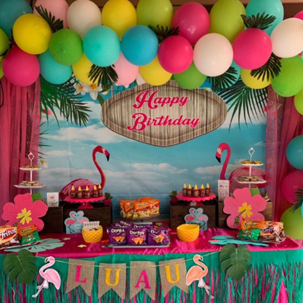 Gelukkige Verjaardag Flamingle Flamingo Hawaiian Verjaardagsfeestje Banner Achtergrond Tropische Strand Of Aloha Party Dessert Tafel Achtergronden