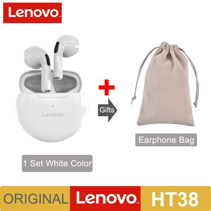 Lenovo HT38 TWS Earphone Wireless Fone Bluetooth Headphones AI Control Mini Headset Dual Mic Noise Reduction HiFi Stereo Earbuds: HT38 White ad Bag