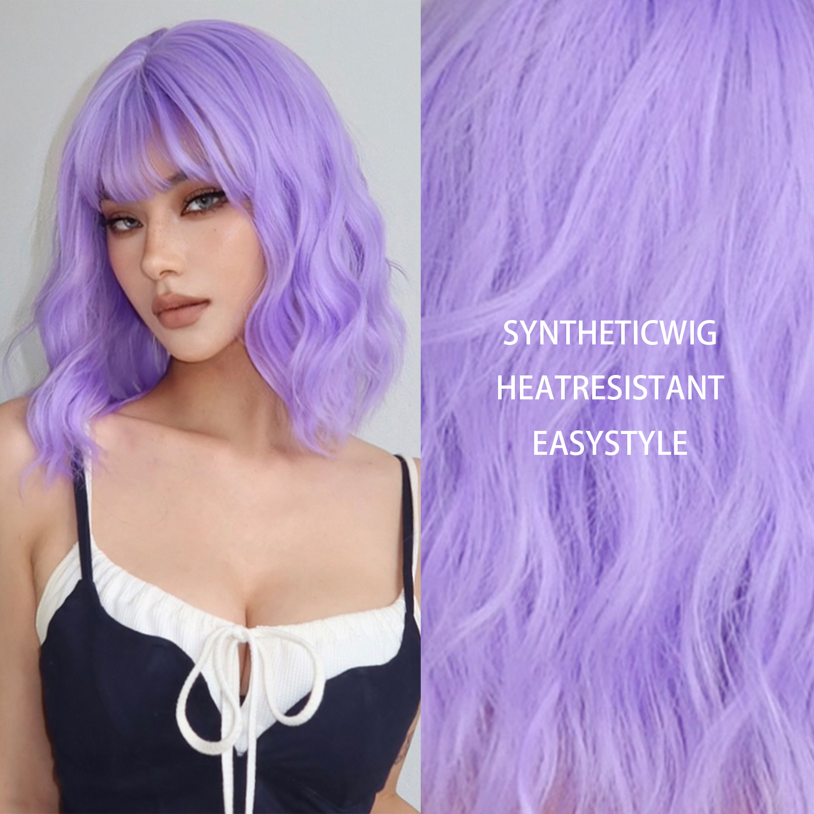 Ombro longo luz roxo peruca encaracolado sintético com franja para mulheres curto ondulado cosplay festa perucas de cabelo natural resistente ao calor