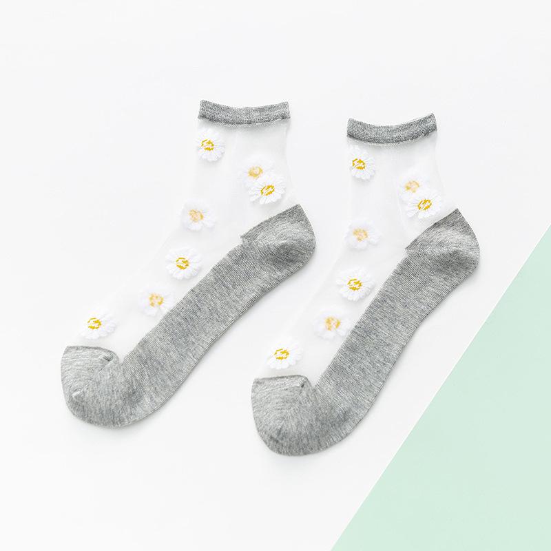 Small Daisy Sheer Tulle Floral Ankle Socks Women Best Mesh Transparent Girls Cute Black White Sheer Lace Nylon Socks Target Pop: Gray