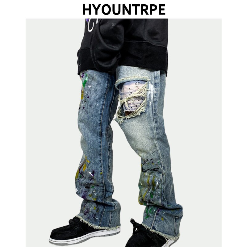 Hip hop graffiti denim flare bukser herre afslappet lynlås revet hul efterår vinter streetwear lange bukser joggers jeans