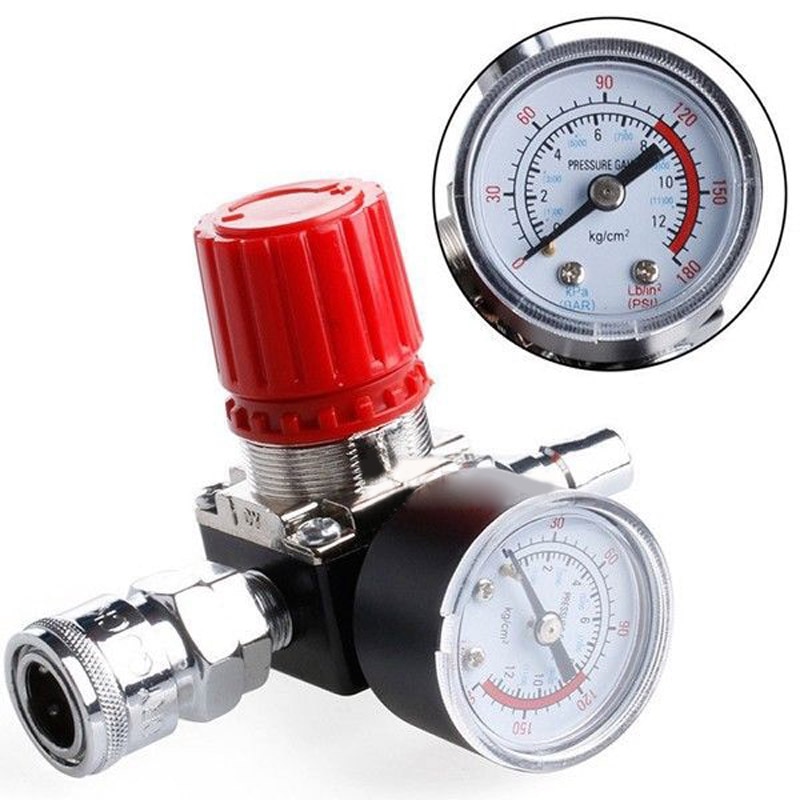 1/4'' Pressure Reducing Valve With Pressure Gauge Fitting for Pneumatic Mini Air Pressure Relief Control Compressor