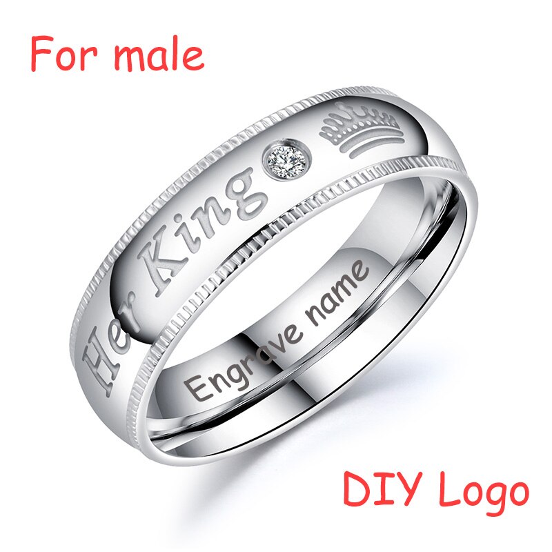 AZIZ BEKKAOUI DIY Engrave Name King & Queen Couple Rings Crown Silver Color Stainless Steel Rings Wedding Jewelry: 7 / diy name for men