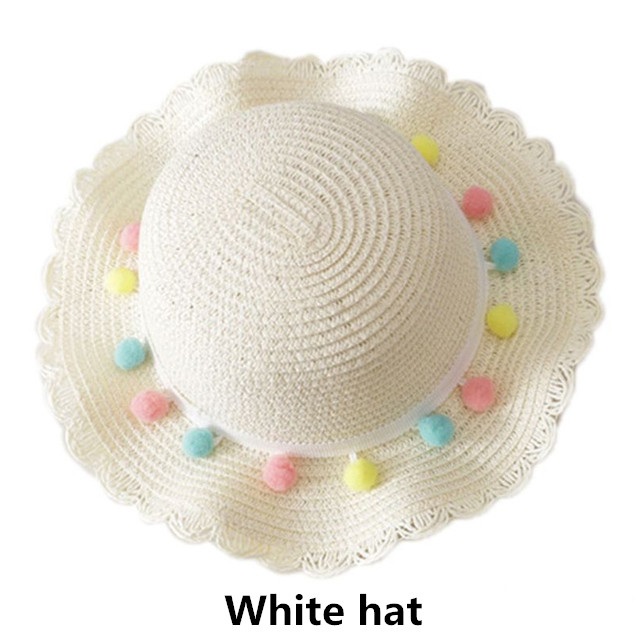 Zomer Reis Stro Hoed Voor Meisjes Prinses Kids Kind Geweven Rand Bloemen Zonnehoed En Tas Sets Voor Outdoor: Hat  white