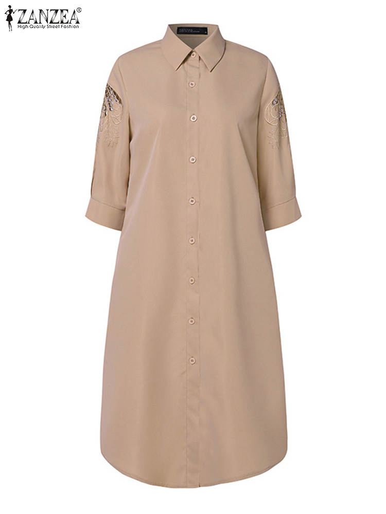ZANZEA Casual Loose OL Work Shirt Dress Women Summer 3/4 Sleeve Lace Crochet Vestidos Sundress Buttons Down Robe Kaftan