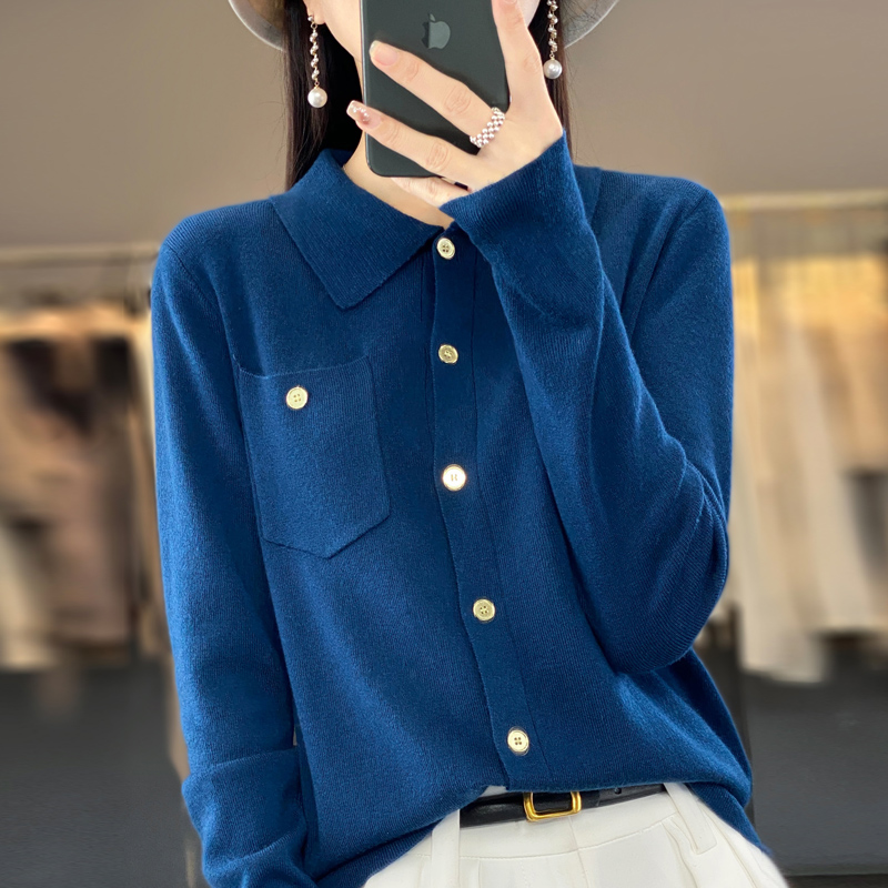Cardigan feminino com bolso primavera e verão nova camisa de lapela fina imitação de lã camisola alta rua casaco superior mangas compridas: XXL / Azul