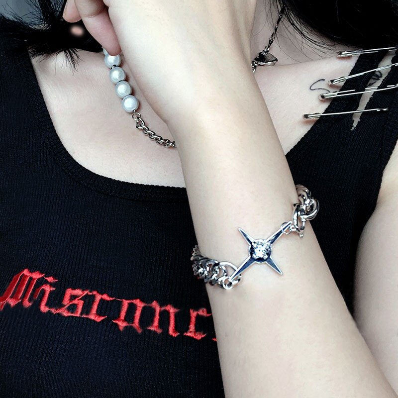Huanzhi Punk Hip Hop Persoonlijkheid Kruis Ketting Zilveren Kleur Metalen Armband Voor Vrouwen Accessoires Partij Sieraden