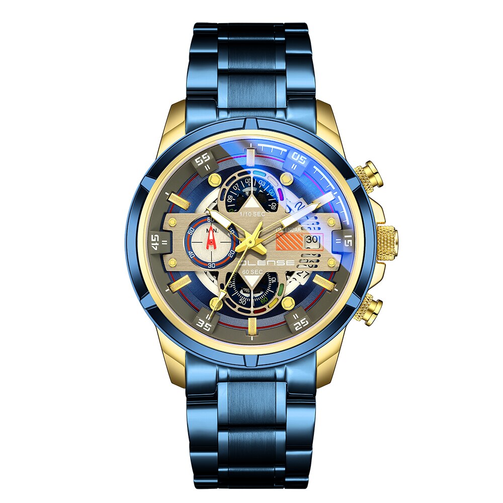 Olense Mode Heren Horloges Met Rvs Top Luxe Sport Chronograaf Quartz Horloge Mannen Relogio Masculino: Blue