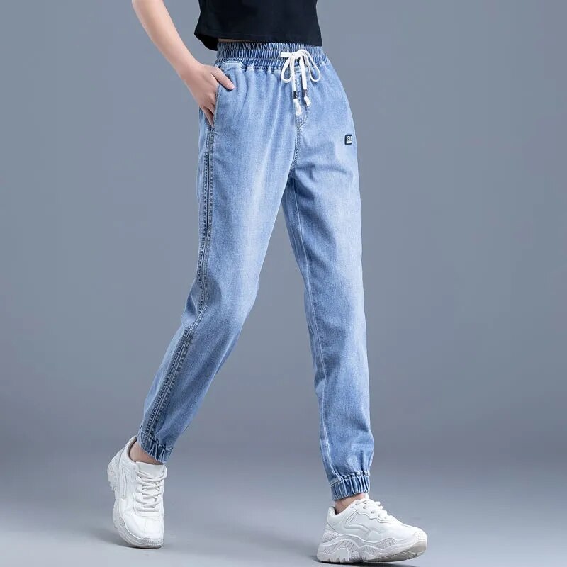 Casual Trekkoord Jogger Jeans Vrouwen Elastische Hoge Taille Boyfriend Harem Vaqueros Enkel Lengte Streetwear Oversized 34 Denim Broek: 34 / Beige