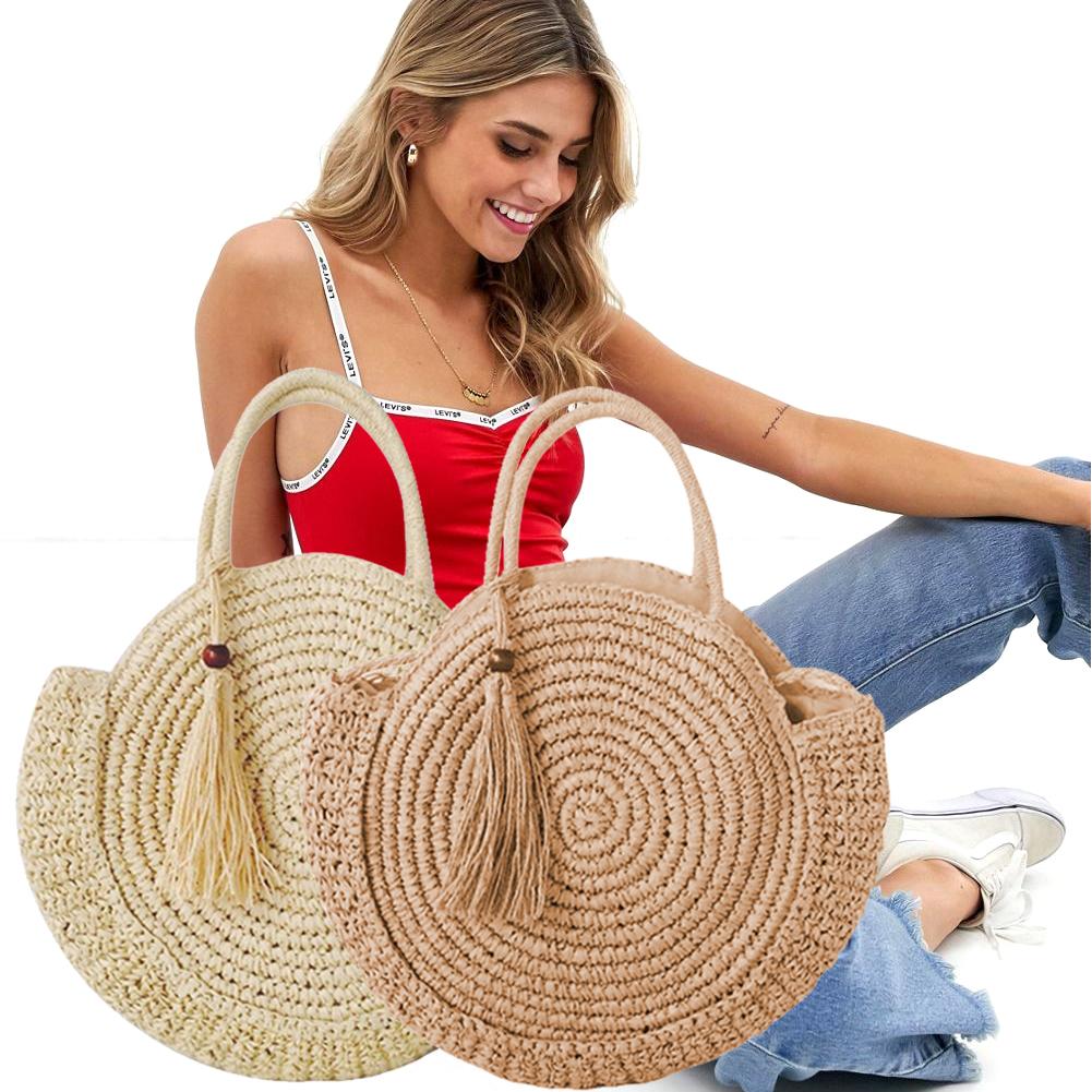 Mulheres Ombro Saco de Papel Corda de Crochê De Palha Rodada Mão Sacos de Tecido Bolsas De Palha De Vime Para O Lazer De Viagem Borla Praia Férias