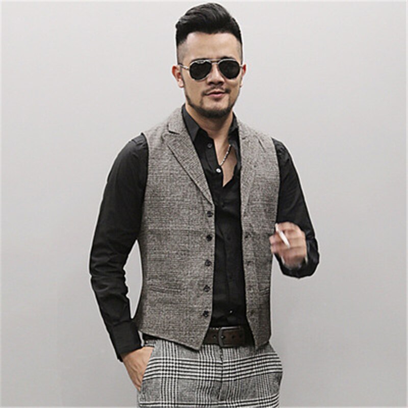 British Style Mens Tweed Waistcoat Gray Check Gentleman Vest Men's Slim Fit Vests Dress Wear