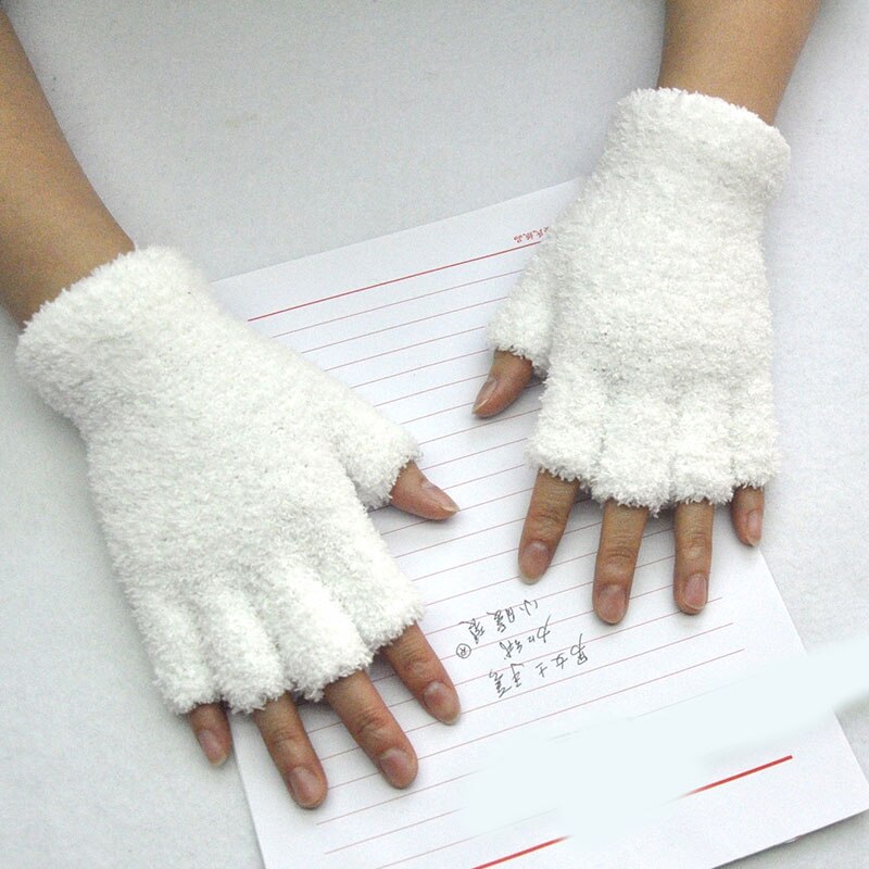 Guantes de punto de lana de Coral para adultos, manoplas de medio dedo para hombres y mujeres, guantes sin dedos para escribir: Blanco