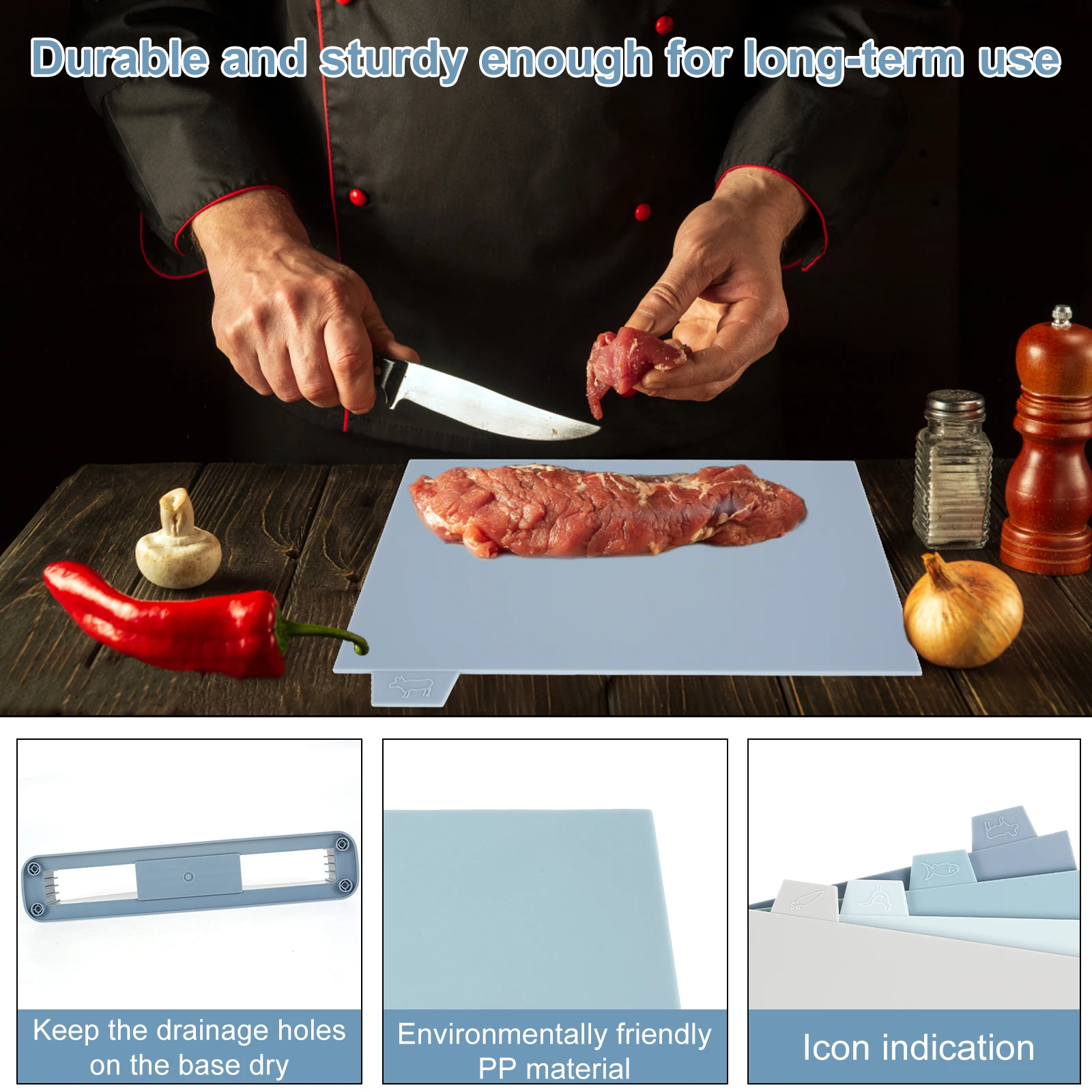 Tabla de cortar de 4 Uds con índice, icono de alimentos codificado por Color, tabla de cortar de plástico, juego de tabla de cortar Reversible, tabla de cortar apilable