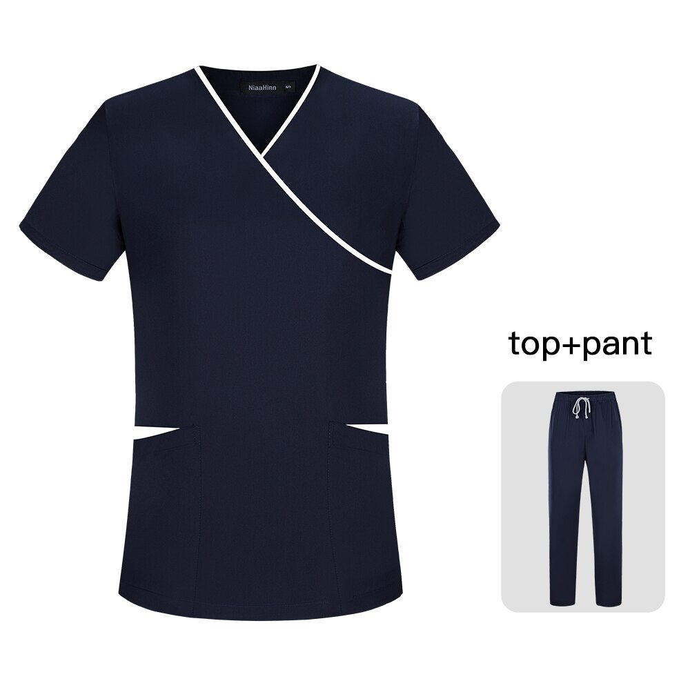Cuello en V Spa uniformes Set tops + Pantalones de los hombres y las mujeres de manga corta uniformes exfoliantes de laboratorio Servicio de Salud UNIFORME DE TRABAJO ROPA: Navy blue / L