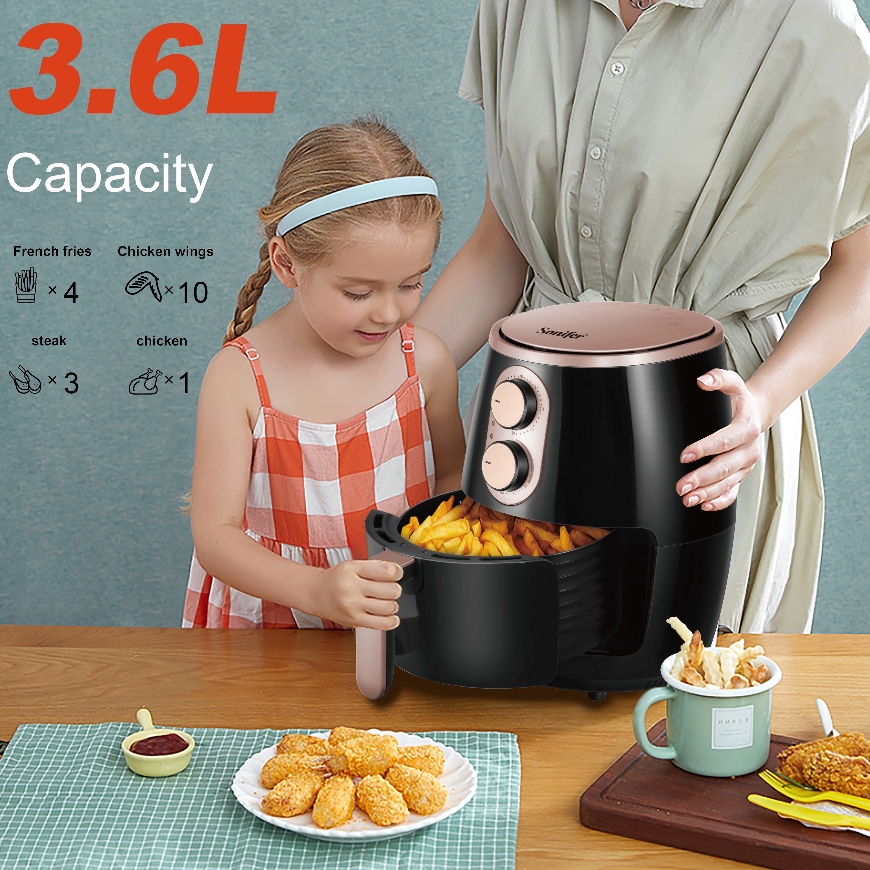 Sonifer 3.6L freidora sin aceite, tostadora del hogar 360 ° sin aceite, canasta combinada fácil de extraer, adecuada para 2-4 personas para cenar,freidora de aire sin aceite,freidora de aire