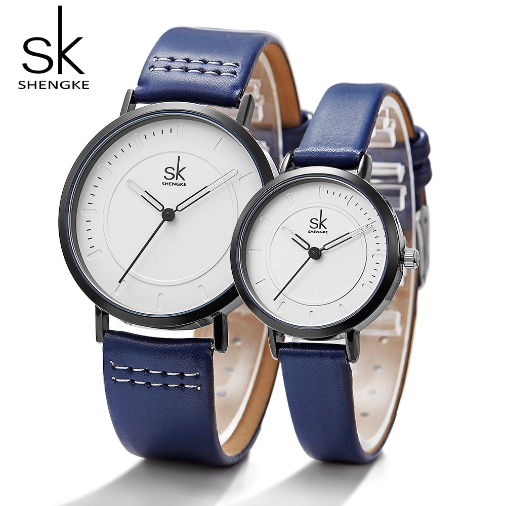 Shengke Horloge Quartz Heren Dames Horloges Analoge Blauw Mode Eenvoudige Lederen Band Valentijn Liefde Paar