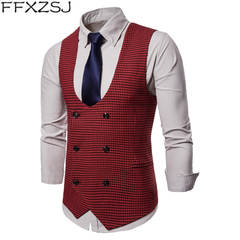 FFXZSJ 2019 wiosna jesień kamizelka męska Vintage kamizelka mężczyźni garnitur kamizelka w kształcie litery U kołnierz Houndstooth męska kamizelka okazjonalna odzież męska