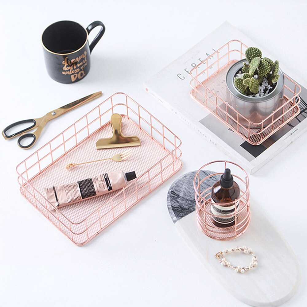 Nordic Rose Gold Metal Wire Iron Storage Basket Office Desktop Sundries Makeup Brushes Holder Table Cosmetics Organizer Rack