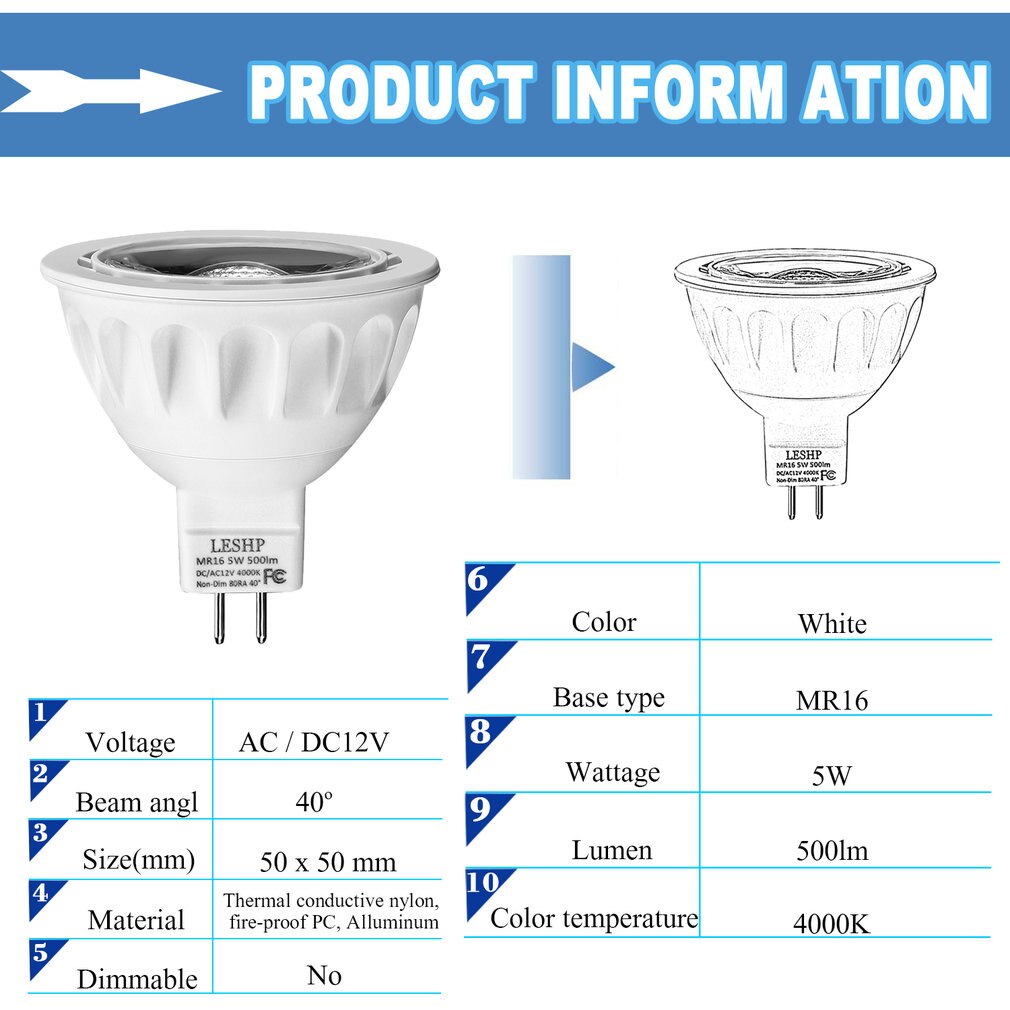 LESHP White MR16 AC/DC12V 5W LED Spotlight 4000K 5... – Grandado