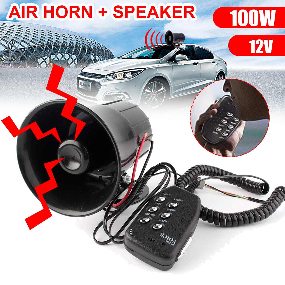 Car Horn Siren with MIC Super Loud Motorcycle Vehicle Truck Warning Alarm Amplifier Loudspeaker Police Firemen 6 Sound 12V 100W