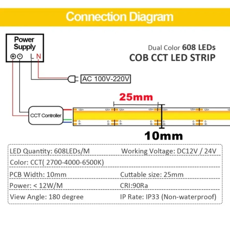 Bande lumineuse LED CCT COB haute densité 608 LED s/m, Flexible et variable, 2700K à 6500K, éclairage LED variable, DC12V 24V