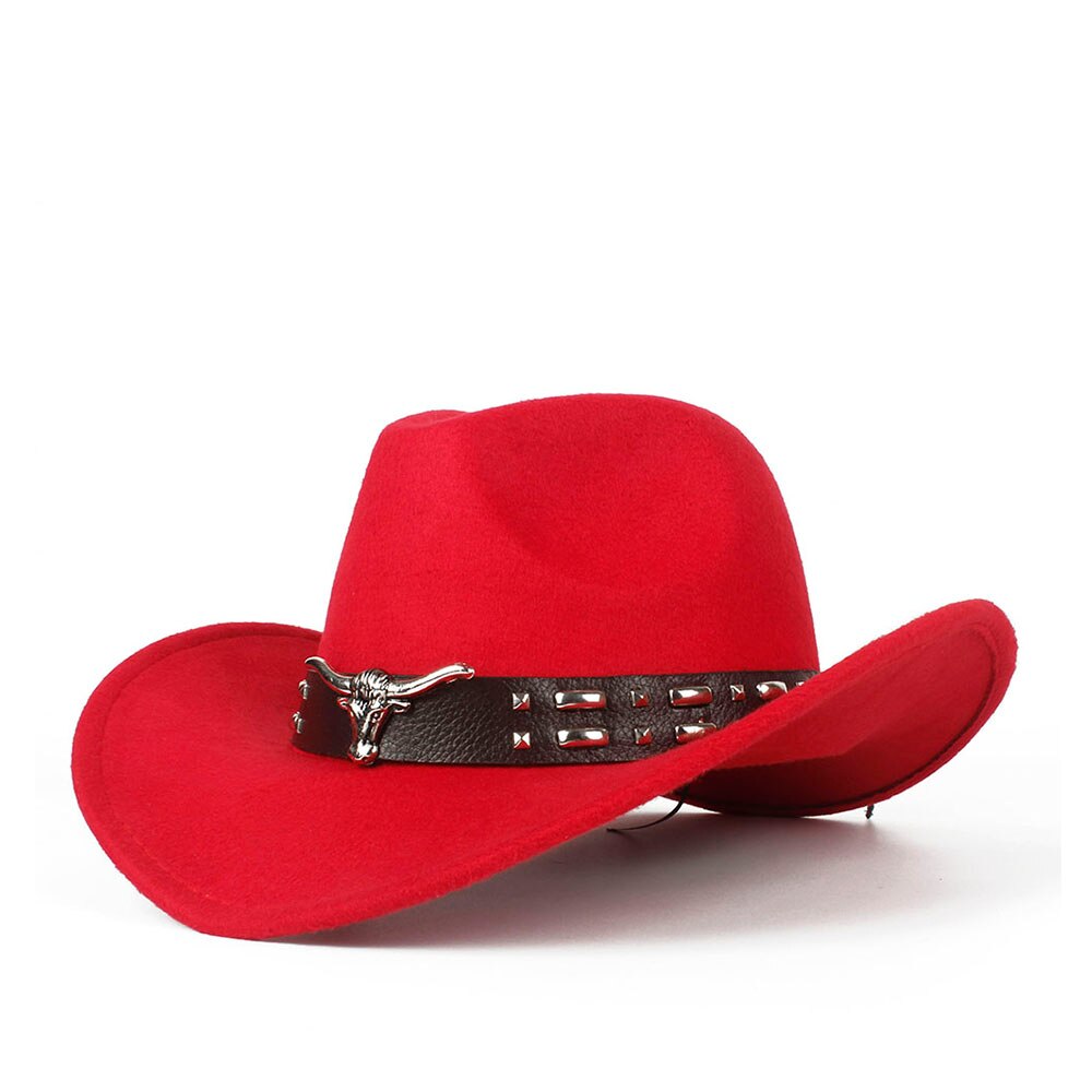 Kvinder mænd hule vestlige cowboy hat med tauren bælte vinter efterår jazz outback jazz toca sombrero cap størrelse 56-58cm: Rød
