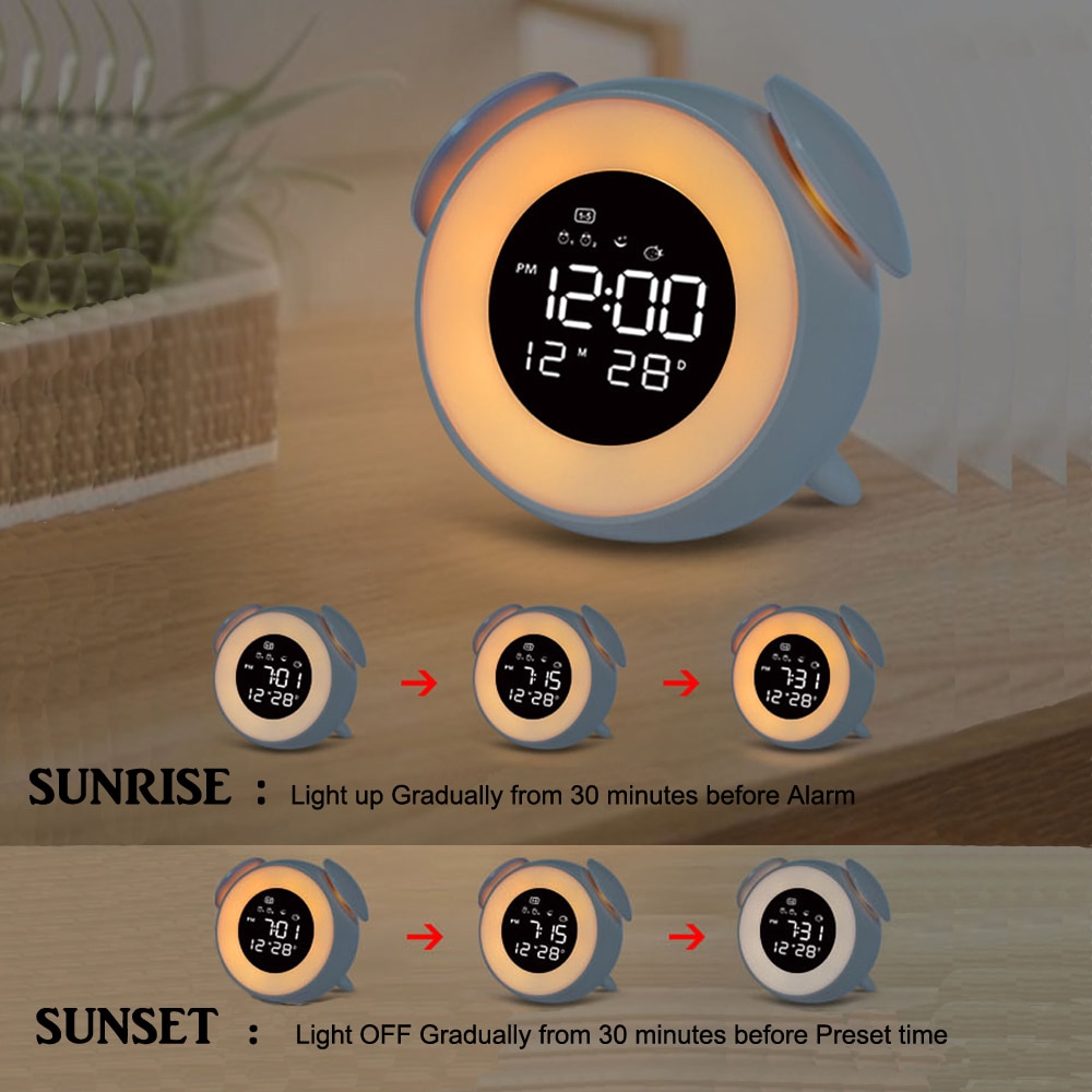 Chevet du lever du soleil, lumière Led numérique | Réveil, musique, miroir, horloge pour chambre à coucher, calendrier, horloge, Table, chargeur de téléphone