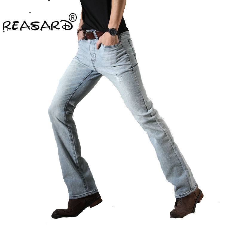 Brand Mens Blue Ripped Flare Jeans Slim Fit Men Stretch Business Casual Denim Pants Office Long Flared Jeans Trousers