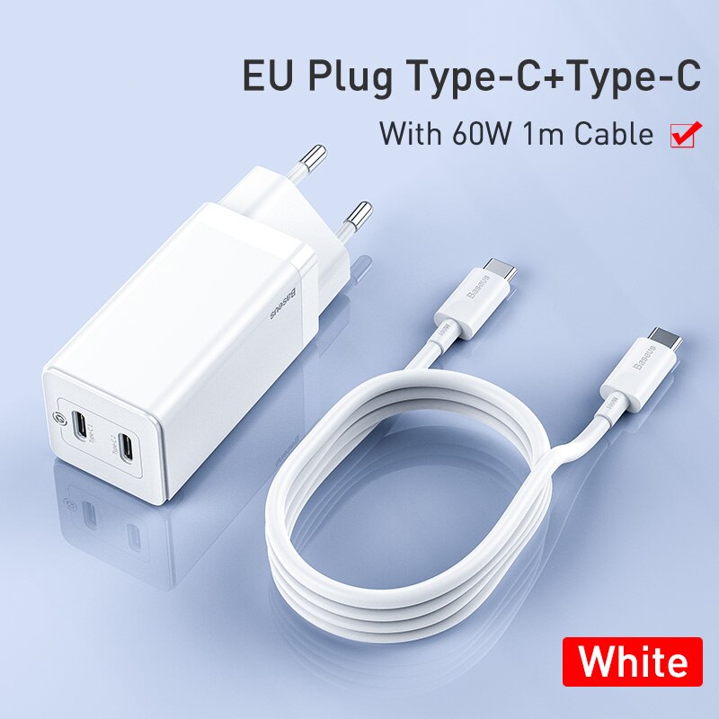 Baseus-cargador rápido GaN de 45W para iPhone, compatible con SCP QC3.0 PD3.0, carga rápida para Xiaomi, viaje, portátil: EU Dual Type-C White