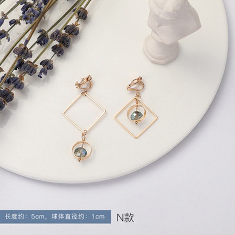 Lange Koreanische Blau Kristall Perle Geometrische Frauen Clip auf Ohrringe Vertraglich Süße Feine Nicht durchbohren Ohrringe Schmuck