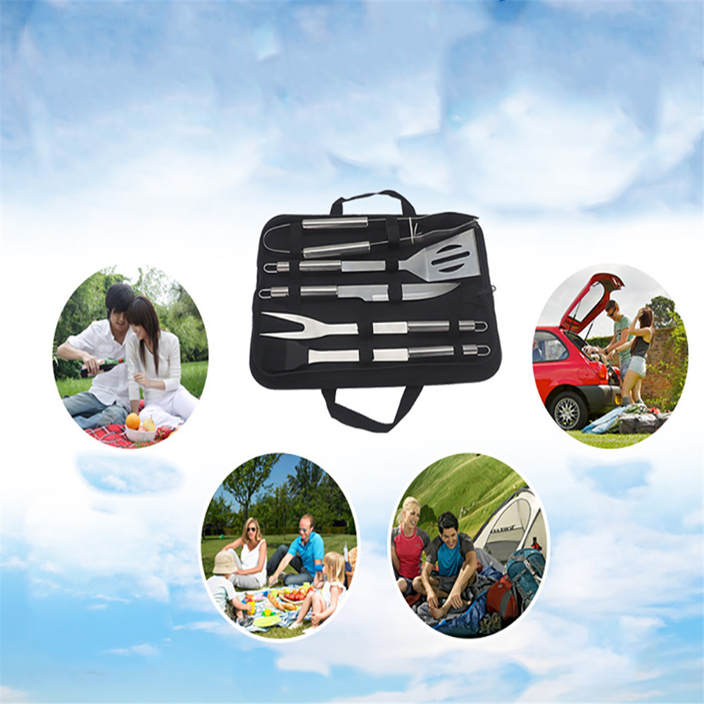 5 stykke rustfrit stål grillværktøjssæt bbq grillværktøjssæt bærbart grillværktøjssæt til udendørs campinggrill
