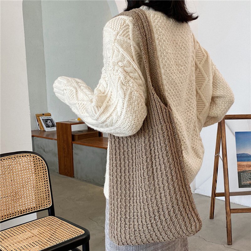 Gebreide wollen schoudertas voor dames, vintage katoenen tas voor meisjes, grote dameshandtas