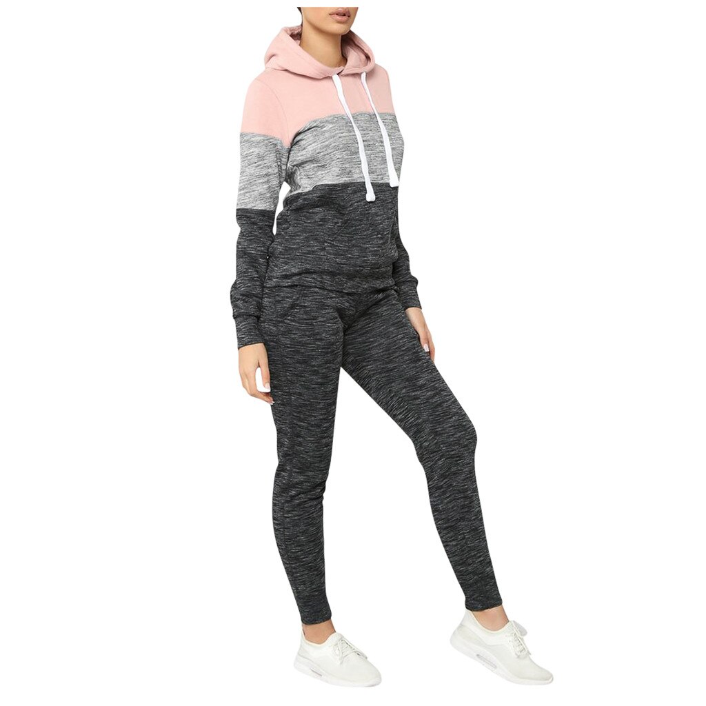 Feminino outono inverno agasalho terno mangas compridas engrossar camisolas com capuz calças 2 peças conjunto esporte terno feminino conjunto de esportes # d: Rosa / M