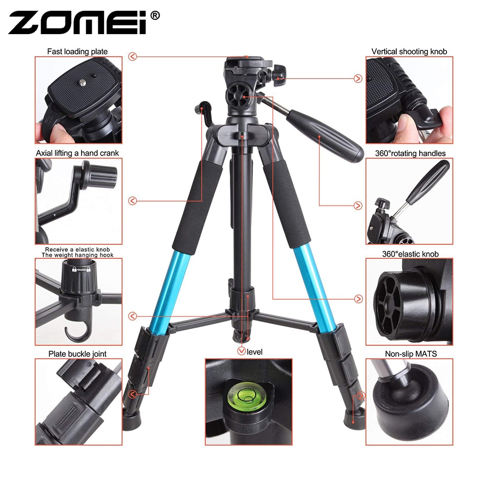 Zomei Blue Q111 Lightweight Tripod Portable Travel Camera Stand with Pan Head Carry Bag for SLR DSLR Digital Camera