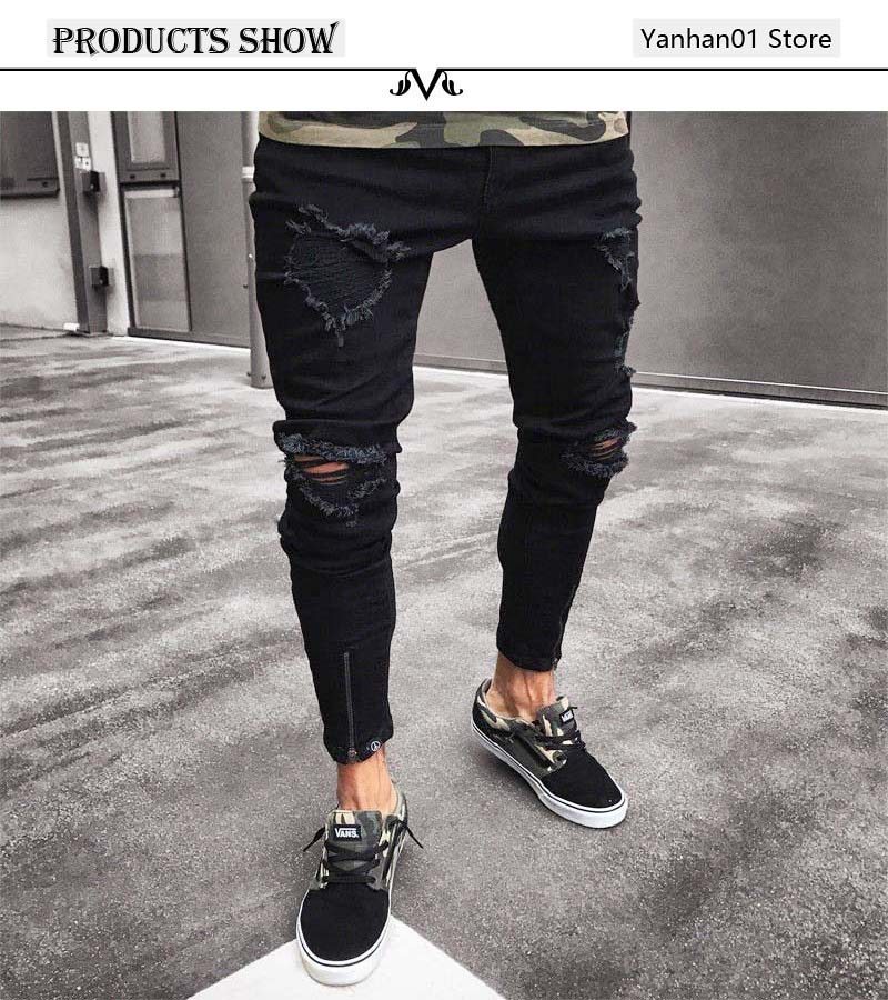 Brand Men Jeans Skinny Ripped Destroyed Stretch Slim Fit Pencil Pants With Holes For Men Casual Black Street Trousers: M