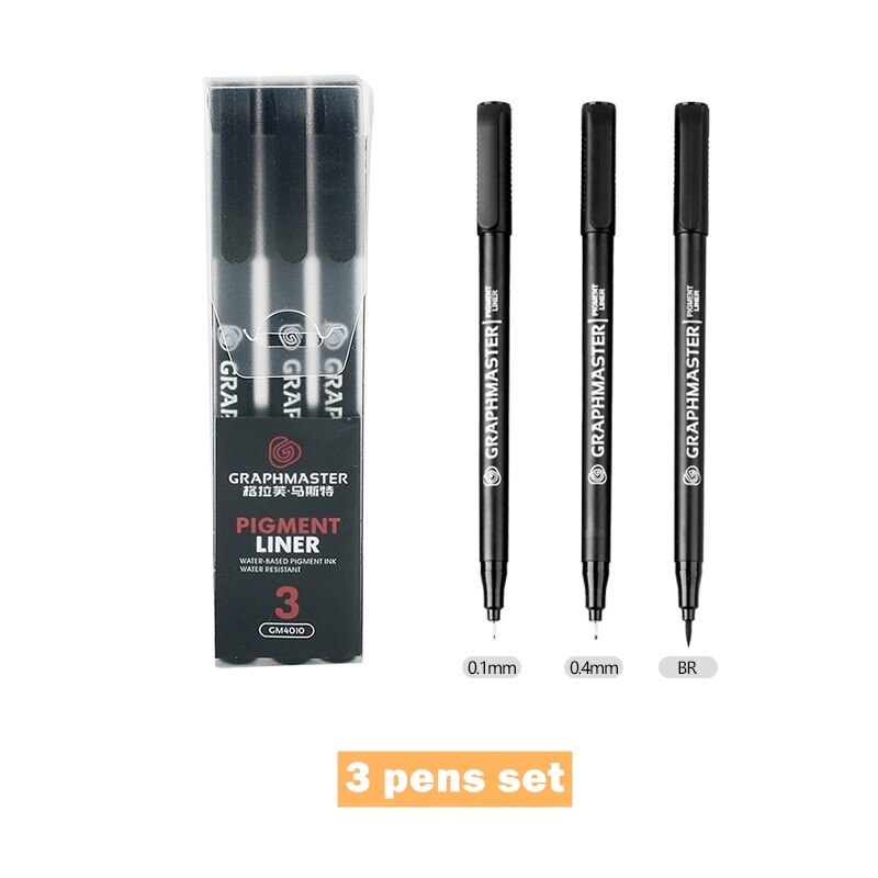9 Different Tip Pigment Liner Pens Graphmaster Water Resistance Fine Point Art Brush Marker Drawing Sketch School H6204: 3 pens set